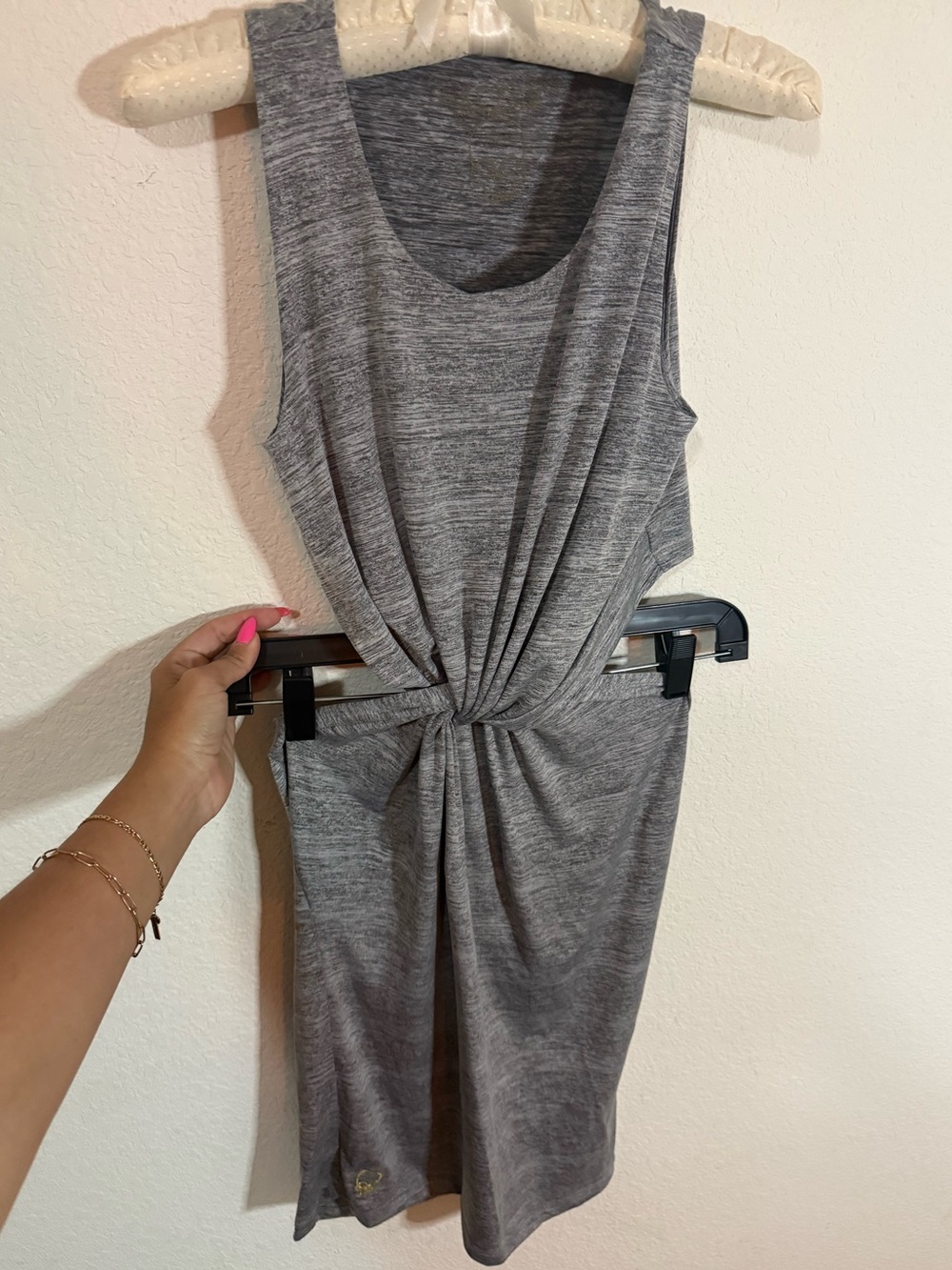 Sleeveless Twist-Front Gray Knit Dress